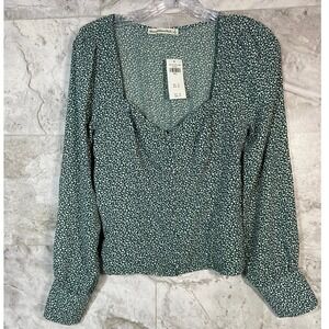Abercrombie & Fitch Women's Sz S Green Floral Smocked V-Neck Long Sleeve Top NWT